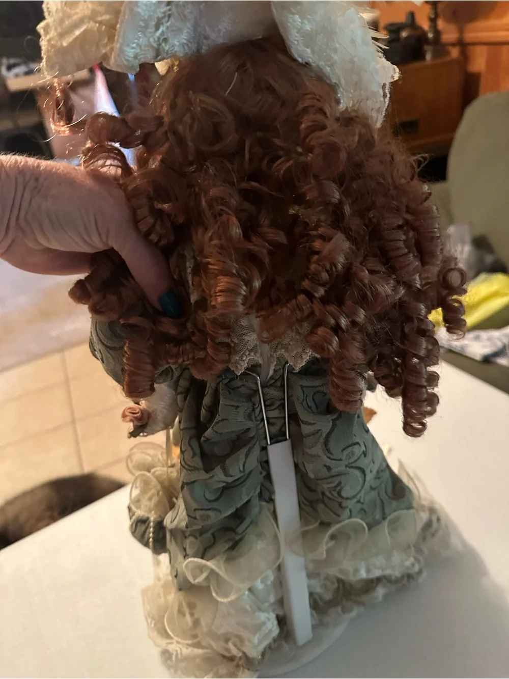 Vintage/ Dollhouse Porcelain Doll in Sage Green Lace Dress with Auburn Curls